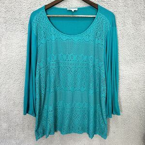 Skies are blue top‎ womens plus 3X green crochet lace overlay boho cottagecore